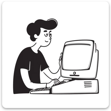 Young man with modern haircut sitting at a vintage desktop computer with large CRT monitor and floppy disk drive sticker