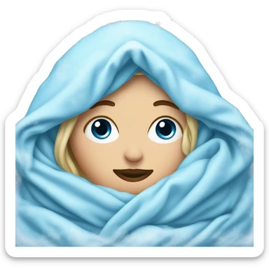 white woman blue face with ice and cold around it, snuggled in blanket sticker