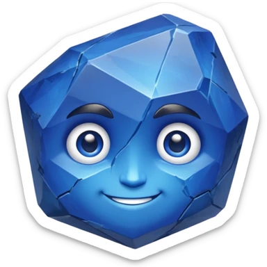 A single sapphire-blue faceted rock head, chunky and worn, with a few visible cracks and chipped facets but still shiny, big kind eyes and a confident smile, 3D game asset, centered on dark background, no body, no other elements. sticker