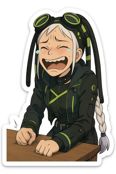 1 female, single long white braid with lavender tips. Cybergoth futurepunk, crying from laughter, pounding her fist on a table, “wheeze emoji” facial expression, hilarious  sticker