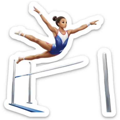 Professional gymnast performing a complex routine on parallel bars, demonstrating strength, control, and perfect balance. The gymnast is mid-air, executing a powerful move with focused concentration. The background shows a brightly lit gymnasium with a cheering audience. sticker
