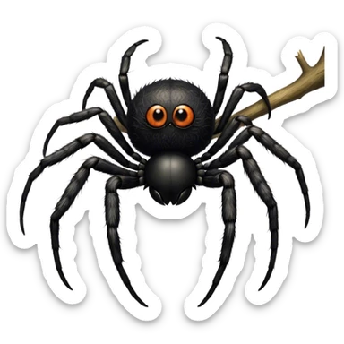 Large black fluffy spider with a big round abdomen and short hairy legs sitting on a branch, staring at us. Detailed texture of the spider’s fur and body. Transparent background. sticker