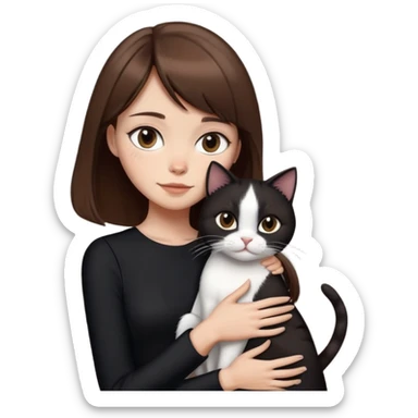 Linda mulher magra, cabelos castanhos médios com franja dividida ao meio, em vestido escuro, abraçando um gato preto e branco emoji sticker
