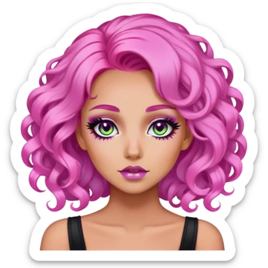 pink hair, baddie, pretty makeup, black eyeliner, long and curly hair, iridescent skin sticker