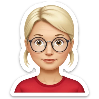 Norwegian woman, middle-aged, low ponytail, big round glasses sticker