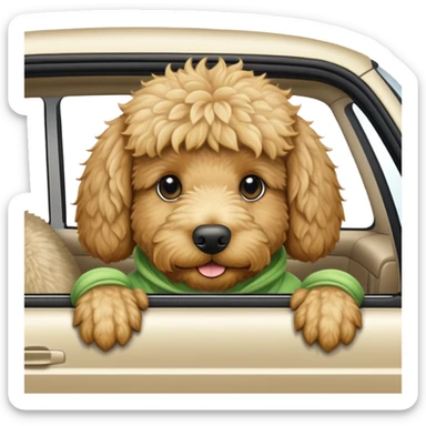 golden doodle with a frog sweat shirt peeking head out of car window sticker