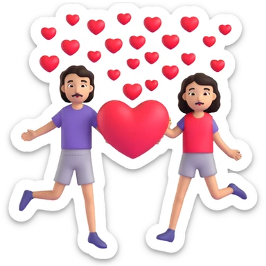 couple emoji: pale girl with long straight dark brown hair, no facial hair; tan boy with short black curly hair, small goatee and separate mustache; red hearts floating around sticker