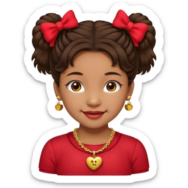 Brownskin girl dark brown hair fluffy. pigtails with red bows brown eyes smiling closed mouth red shirt gold esrrings gold necklace sticker