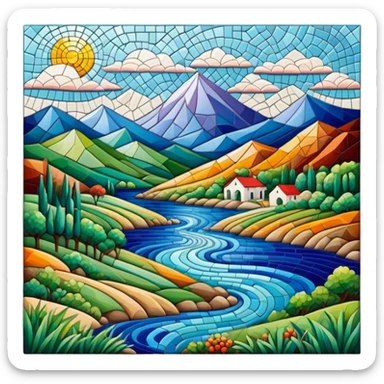 Mosaic art icon, colorful tiles forming a detailed picture of landscape, intricate patterns, some tiles in process of placement, minimalistic style, clean lines, transparent background. sticker