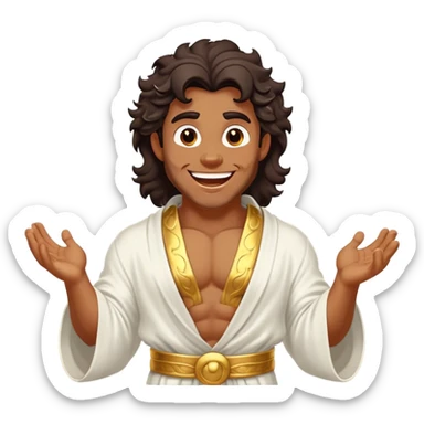 Cinematic Realistic Hercules Portrait, head tilted dramatically with an exaggeratedly amused expression, featuring expressive eyes and a hint of a roguish smile. His bronze, marble-like skin and thick, wavy dark hair, rendered with classical artistry, complement his flowing white robe adorned with delicate golden accents, all brought to life with dynamic natural lighting that captures a rare, playful moment from an enduring legend. sticker