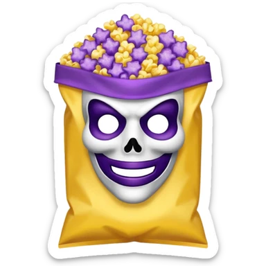 Glitter purple and yellow popcorn with ghostface mask in packaging sticker