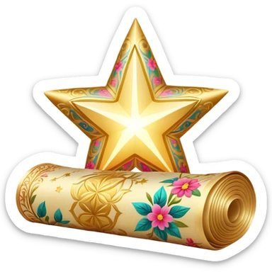 simple composition of a glowing sparkle or star shape in foreground with only a roll of patterned fabric behind it, no faces sticker