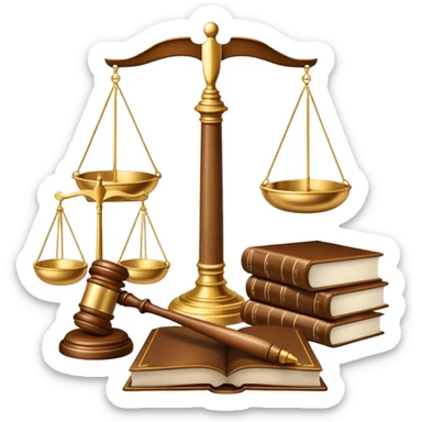 An icon featuring scales of justice, a gavel, and a legal book, symbolizing the study of law. The design includes courthouse pillars in the background, representing authority and legal systems. Transparent background highlights the principles of justice, order, and legal education. sticker