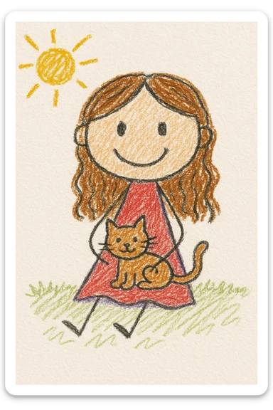 a girl with long wavy brown hair and brown eyes sitting with a cat on her lap, cute illustration style sticker