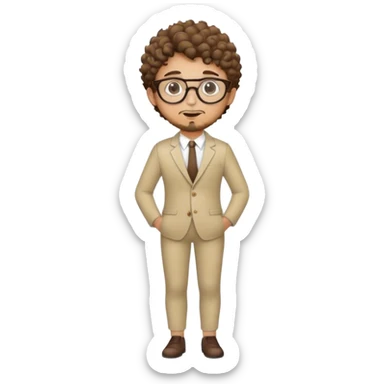 A young man with short curly brown hair, round glasses, light beard, and a stylish full-body suit. sticker