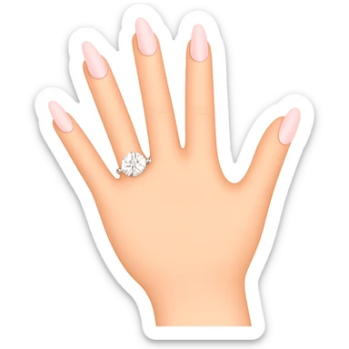 Edit the image to depict a woman's hand with 5 fingers, long light pink nails, and an engagement ring, in an emoji style with a transparent background. sticker