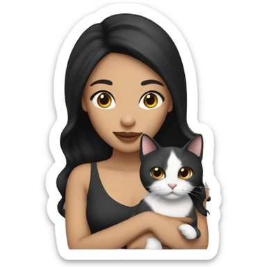 A light skinned woman with black hair holding a cat sticker