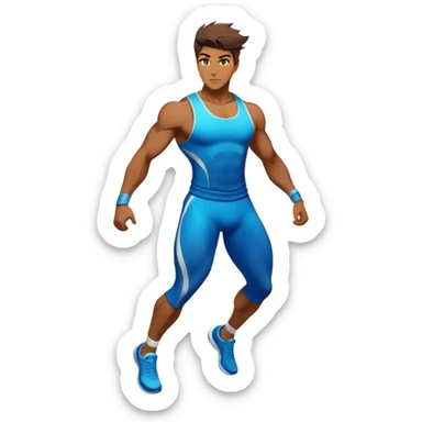 Masculine silhouette with athletic wear, surrounded by transformative energy aura, dynamic style essence with floating fashion elements sticker