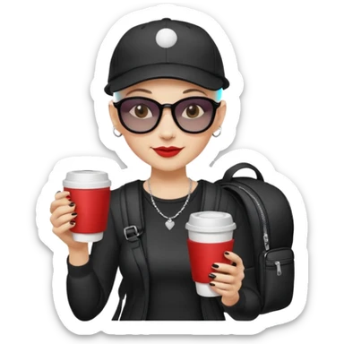 ["A happy woman with light skin, bald, wearing a baseball cap and sunglasses, dressed in goth fashion, is drinking coffee while holding a backpack."] sticker