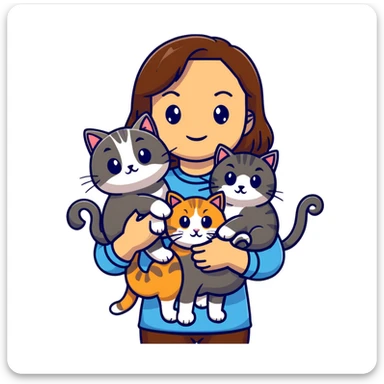 Tan brown-haired girl holding three cats, one black cat, one grey cat, and one grey-striped cat sticker