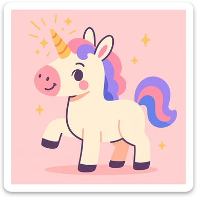 a unicorn with sparkles radiating from its horn, pastel colors, cute style sticker