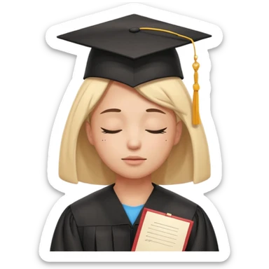 a person with closed eyes, thought bubble with a graduation cap and diploma, feeling of achievement sticker