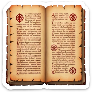 Ancient scripture page burned at the edges, cursed runes glowing faint red sticker