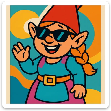 female gnome with sunglasses, vibrant colors, playful expression sticker