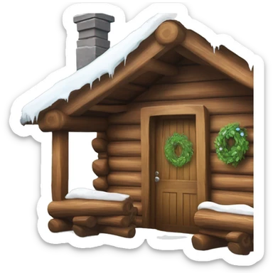 Log cabin in the snow with greenery around door and icicles hanging off roof  sticker