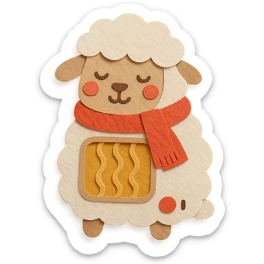 soft white sheep-shaped electric heater, wearing a cozy scarf, warm cheeks, full-body sticker