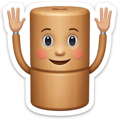A wooden cylinder with a  face with arms and legs  sticker