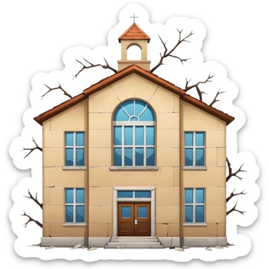 Abandoned school, cracked walls, broken windows, no background, simple style, minimal details sticker