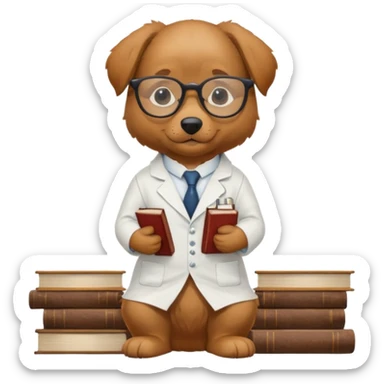 Wise dog with glasses, wearing a lab coat, perched on a stack of books. sticker