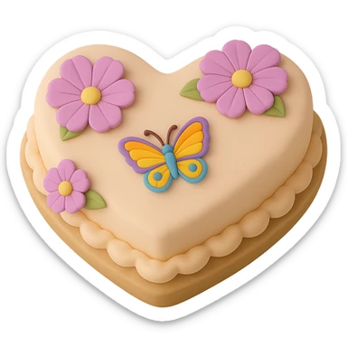 Make the butterfly smaller on the heart-shaped fondant cake with purple flowers, fondant cake art style, keep transparent background. sticker