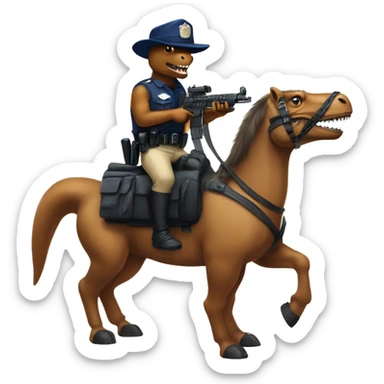 Trex wearing police hat riding a pony with sub machine guns  sticker
