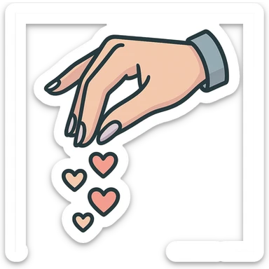 female hand with elegant manicure sprinkling hearts like seasoning, icon-color-outlined style, detailed shadows and highlights, thin clean contours, soft rounded shapes, pastel palette #98B5BC, #B5B3C1, #C9A3C9, #E4C0CA, #F7DCD1, #F7C0AA, modern Japanese pop art and sticker aesthetic, soft lighting, transparent background sticker