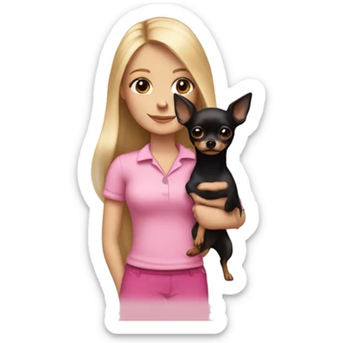 White girl with medium straight blonde hair wearing a pink shirt holding a long haired black chihuahua wearing a pink bow sticker