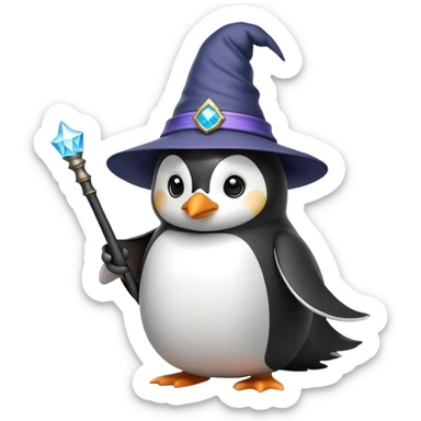 Penguin wearing a wizard hat and holding a magic wand sticker