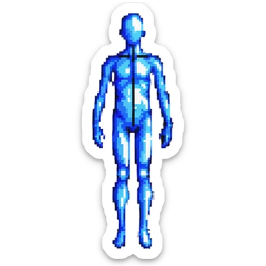 Pixelated human silhouette with digital scanning effect, blue grid lines mapping the body sticker