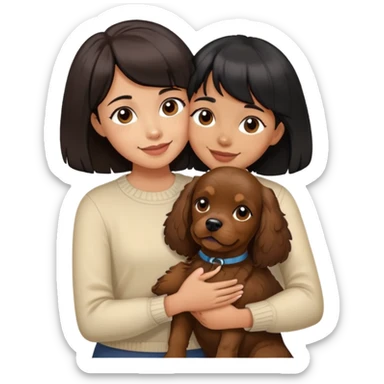 A girl with short black hair and bangs happily hugs a brown cocker spaniel sticker