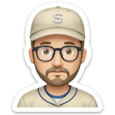 adventurer with goatee beard (no beard on cheeks), short hair, glasses and backwards baseball cap sticker