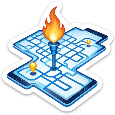 a map with a glowing blue flame on the x and networking paths sticker