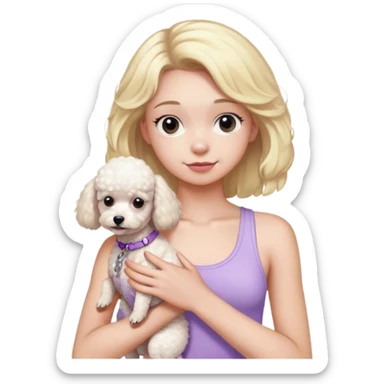 Blonde haired teenager wearing light purple tank top holding a white small poodle sticker