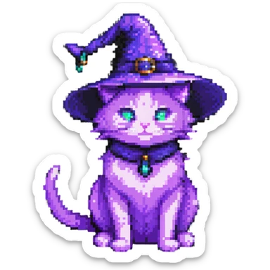 pixel art purple cat with a magical aura and witch accessories sticker