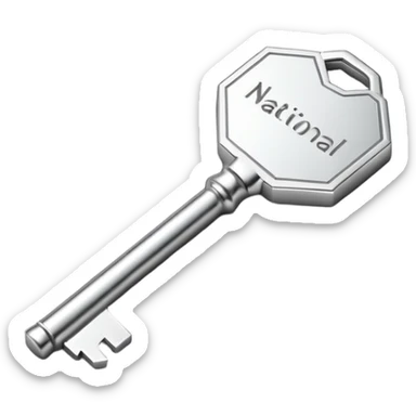 small silver metal key with hexagonal head and the word NATIONAL engraved, clean lines, soft silver tone, minimalistic and precise sticker