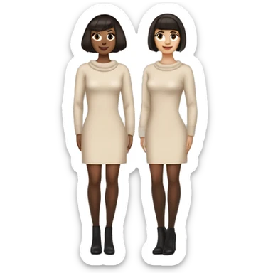 Romanian woman with a short dark brown bob haircut featuring bangs that slightly cover her eyes. Natural makeup,slightly flushed cheeks,light beige straight-fit long sleeve very chunky twist knit dress,black heels,dark brown thigh-high stockings sticker