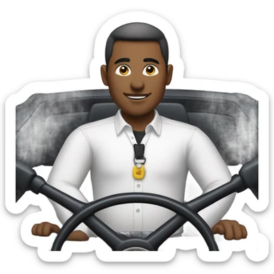  man with white button-down shirt behind a steering wheel sticker