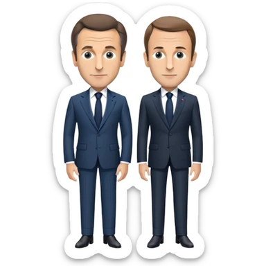 figures of Nicolas Sarkozy and Emmanuel Macron standing side by side, both with oversized heads and small bodies, wearing suits, highly recognizable faces, simplified details sticker