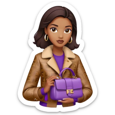 Beautiful black woman wearing a brown monogram Fendi jacket and carrying a purple Fendi baguette bag. I want the image to start at her head and end at the waist sticker