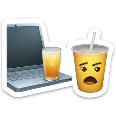  laptop or tablet with a drink next to it, and the screen displaying an overwhelmed face sticker